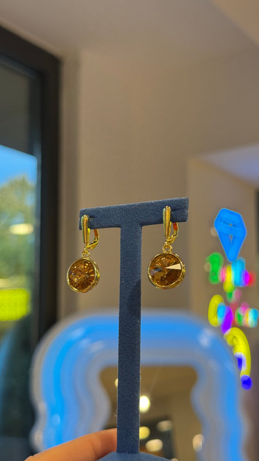 Yuvarlak Kahverengi Swarovski Taş Küpe