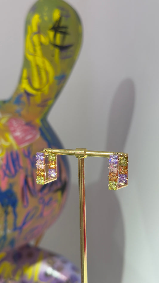 Renkli Kare Swarovski Taşlı Küpe